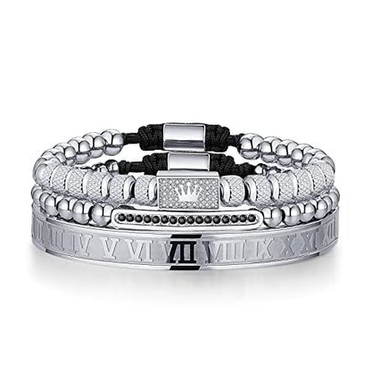 WFYOU 3PCS Stainless Steel Imperial Crown Bracelets for Men Gold Roman Numeral Bangle Bracelet Adjustable Cuff Bracelet Mens Luxury Jewelry Gifts - style: 04:silver-Small Crown