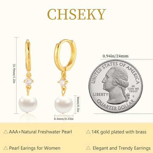 CHESKY Pearl Drop Earrings for Women, 14K Gold Plated Pearl Dangle Earrings | Dainty Pearl Earrings for Women,WaterProof Gold Brides Wedding Earrings,Bridesmaid Bridal Gift,Trendy Women Everyday Jewelry - style: hoop