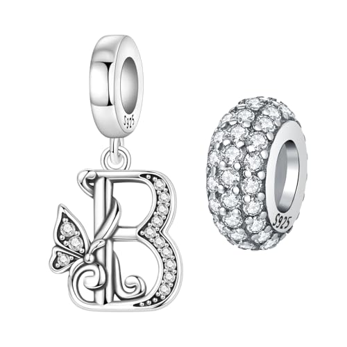 2 Pack 925 Sterling Silver Butterfly Letter Charms for Bracelets and Necklace Alphabet Initial Dangle Pendants Round Spacer Beads Pave Cubic Zirconia Jewelry Gift for Women - color: B Set