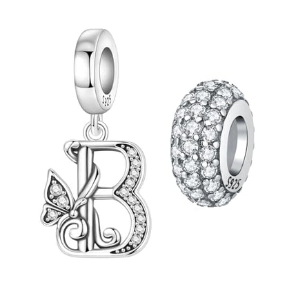 2 Pack 925 Sterling Silver Butterfly Letter Charms for Bracelets and Necklace Alphabet Initial Dangle Pendants Round Spacer Beads Pave Cubic Zirconia Jewelry Gift for Women - color: B Set