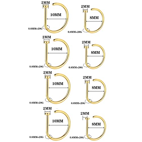 20G Nose Rings Piercing Jewelry Screw Hoops Hypoallergenic for Women Men - color: Gold D Shape,20G 8mm+10mm