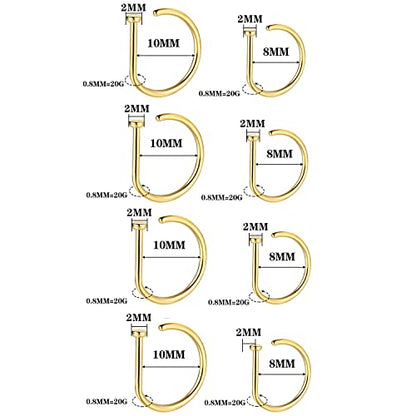 20G Nose Rings Piercing Jewelry Screw Hoops Hypoallergenic for Women Men - color: Gold D Shape,20G 8mm+10mm