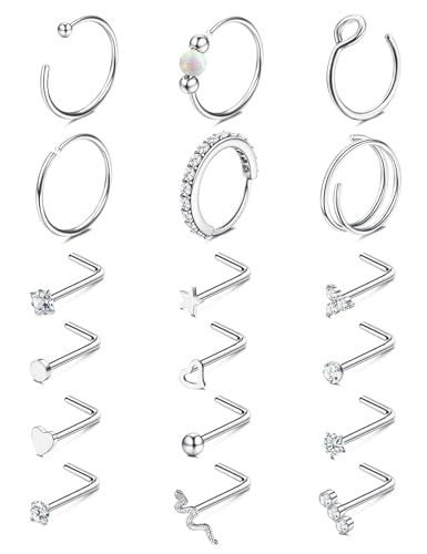 Jstyle Nose Rings for Women Men Surgical Steel Nose Hoops L Studs 18G/20G | Hypoallergenic Nostril Jewelry, Implant Grade Septum, Lip, Helix, Cartilage Piercing Jewelry with CZ, Opal, Snake Gold/Silver - color: Silver, size: 18G