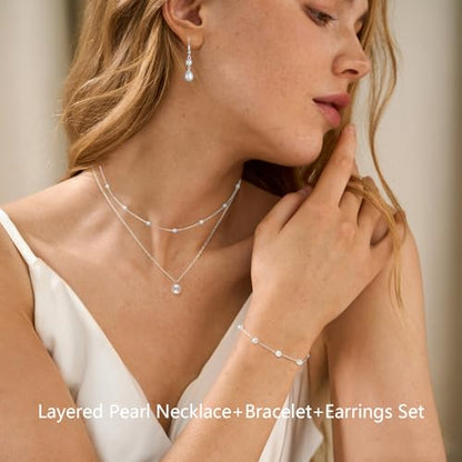 DIBOLA Gold Jewelry Set for Women, Dainty Layered 14K Gold/Silver Pearl Choker Necklaces and Earring Set Pearl Earrings Bracelets Wedding Bride Jewelry - color: 2 pearl earrings jewelry set-silver