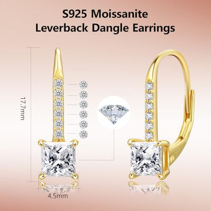 KRKC Moissanite Earrings, 1.0ct-2.0ct D Color Lab Created Diamond Earring, 14k White Gold Plated Sterling Silver Dangle Earrings S925 Leverback Drop Earring for Women Hypoallergenic Jewelry for Gifts - color: Princess-Gold-4.5mm