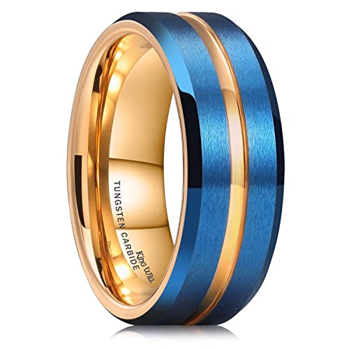 King Will Tungsten Carbide Wedding Band for Men Women-6/8/10mm Width Multicolor Available with Grooved Center Wedding Ring Suitable for Work, Gym Comfort Fit Size 4-16 - color: Blue and Gold