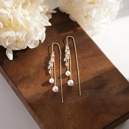 14K Gold Plated CZ Flower Dangle Earrings for Women, Sparkly Cubic Zirconia Long Tassel Drop Earrings, Bridal Wedding Jewelry - color: F:Leaf Pearl Earrings