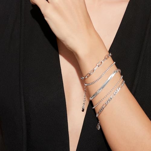 Gold Bracelets Set for Women, Dainty Stackable Layered Bracelet | 14K Gold Plated Adjustable Waterproof Non-Tarnish Paperclip & Curb Link Chain Jewelry Sets Gifts - color: White Gold