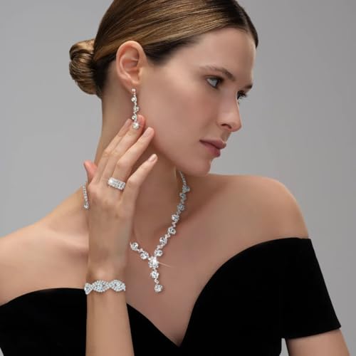 MEDOJO 10Pcs Silvery Rhinestone Jewelry Set for Women Bride Wedding Prom Jewelry Evening Rhinestone Sparkly Clutch Purse Bag Necklace Tennise Layered Bracelets CZ Ring Crystal Drop Earring Set Silvery Shiny Costume Kit - color: Silvery