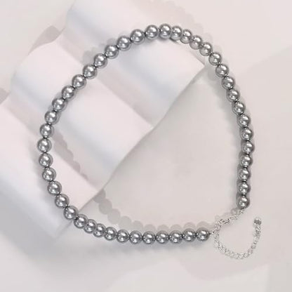 Zeffy Pearl Necklace 4MM/6MM/8MM Dainty Round Imitation Pearl Choker Necklace Wedding Pearl Necklace Delicate Jewelry for Women Simple Bridesmaid Jewelry Gifts - style: 8mm Grey Pearl Necklace(14"+2")