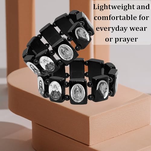 Catholica Shop Devotional Catholic Religious Wood Stretch Bracelets. Small and Large Panels with Assorted Images of Saints, Jesus and Mary. Unisex. Handcrafted in Brazil - style: B&W L Panel