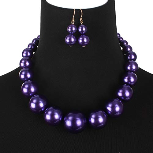 Large Style Big Imitate Pearl Strand Choker Necklace With Earrings Set - color: purple