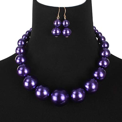 Large Style Big Imitate Pearl Strand Choker Necklace With Earrings Set - color: purple