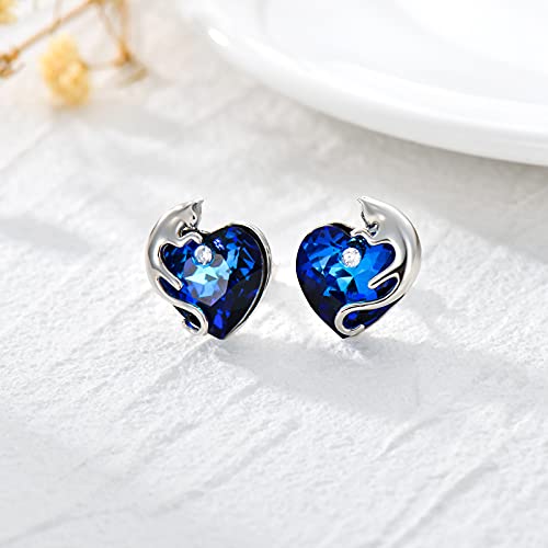 AOBOCO 925 Sterling Silver Cute Cat Studs Earrings for Women | Heart Crystals from Austira Cats Jewelry Gifts for Cat Lovers - color: Sapphire Blue
