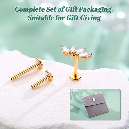 LOLIAS 16G G23 Titanium Tragus Conch Helix Piercing Jewelry 6mm 8mm 10mm - Internally Threaded Flat Back Stud Cartilage Earrings Hypoallergenic Forward Earlobe Labret Tragus Piercing Jewelry - color: 4 Leaf-14K Gold