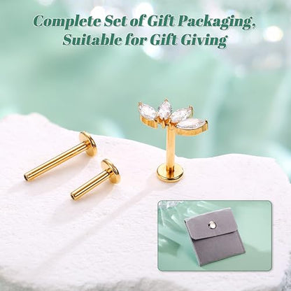 LOLIAS 16G G23 Titanium Tragus Conch Helix Piercing Jewelry 6mm 8mm 10mm - Internally Threaded Flat Back Stud Cartilage Earrings Hypoallergenic Forward Earlobe Labret Tragus Piercing Jewelry - color: 4 Leaf-14K Gold