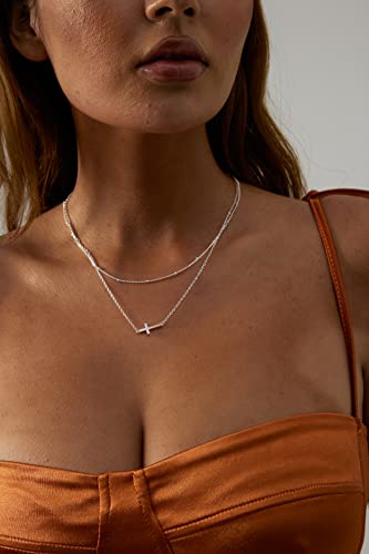 VIROMY Gold Cross Necklace for Women 14K Gold Plated Cute Sidways Cross Pendant Choker Necklaces Simple Trendy Everyday Jewelry for Women - style: Layered Sideways Cross-38/42CM-Silver