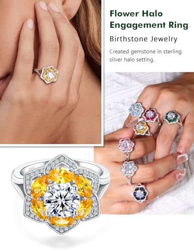 Flower Engagement Promise Ring Sterling Silver Birthstone Rings for Women Sapphire/Emerald/Ruby Gemstone Six Leaf Clover Statement Cocktail Ring Size 6 to 10 - style: 11. November-Created Citrine
