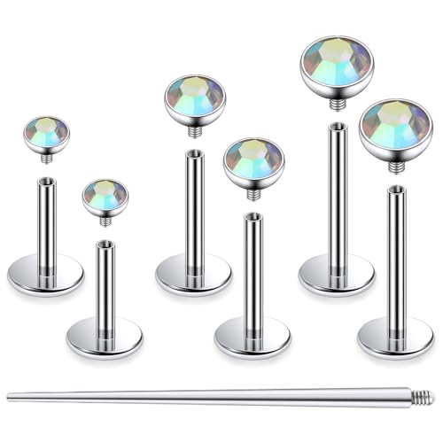 F136 Titanium 20/18/16G Internally Threaded Flat Back Stud Earrings Nose Rings Lip Medusa Monroe Labret 6/8/10mm Short/Long Bar Piercing Jewelry with Taper for Women Men - color: AB, size: 16g=1.2mm