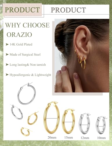 ORAZIO Stainless Steel Hoop Earrings Set Huggie Earrings for Women | Hypoallergenic Thin Small Non Tarnish Lightweight Dainty Trendy 10-20MM Women Stacks Multiple Piercing Jewelry Gift - style: E: Silver-tone,4 pairs,Gold-tone,4 pairs