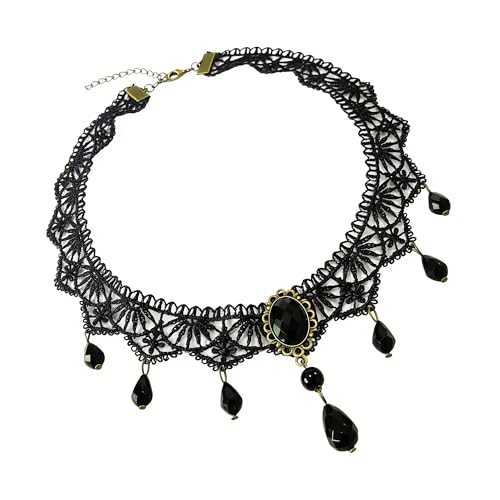 Black Gothic Vampire Necklace for Women Vintage Lace Rose Flower Witch Choker Collar Necklace Halloween Dark Bridal Cavewoman Costume Jewelry - style: black A