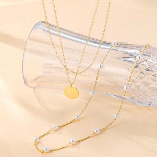 MFRYK Gold/Silver Necklaces Stack For Women,14K Gold/Sterling Silver Plated Simple Layered Choker Necklaces For Women,Stackable Multilayer Pearl Cross Disc Circle Pendant Cuban Herringbone Snake Paperclip Chain Necklaces Set Jewelry Gift for Women - style