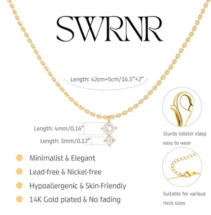 Gold Necklace for Women, Dainty 14K Gold Plated Pendant Necklaces for Women Trendy Simple Choker Chain Cubic Zirconia Circle/Interlocking/Sun/Pearl Necklace Fashion Jewelry Charm Gifts - color: Pearl CZ-2
