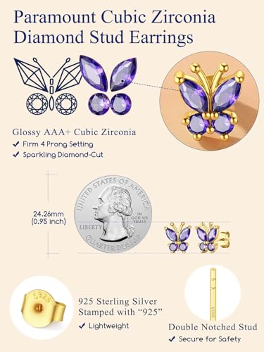 Suplight Butterfly Stud Earrings 925 Sterling Silver 14K Gold Brithstone Earrings for Women Brithstone Jewelry Gifts - color: 02.February ( Amethyst), size: Gold