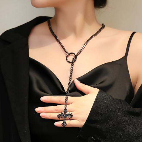 Slip Chain Choker for Women Handmade Black Stainless Steel Cuban Chain Chunky Moon Bat Raven Skull Pendant Gothic Punk Rock Collar Adjustable Lariat Y Necklace for Men - style: Black flame cross