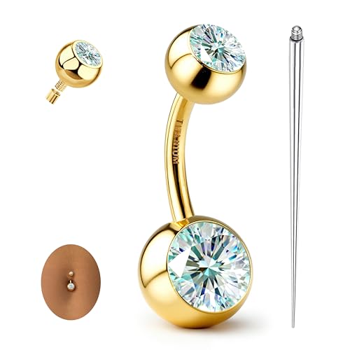 GEMQUEEN Moissanite ＆ G23 TItanium Belly Button Ring 18K Gold Plated Hypoallergenic Internally Threaded Belly Rings 14G Ball Navel Piercing Jewelry for Women Men D Color VVS1 Clarity Brilliant Cut - color: Gold-Blue Moissanite Stone, size: 10mm Length