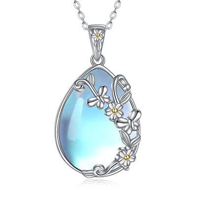 YAFEINI 925 Sterling Silver Moonstone Necklace Filigree Teardrop Pendant Necklace Jewelry for Women Girls - color: C-Daisy Butterfly Moonstone