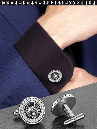 FaithHeart Mens Cufflinks, Norse Viking Tuxedo Shirt Cuff Links, Stainless Steel Cuff Links and Shirt Studs, Gift Box - style: 06. Wolf CZ-Silver