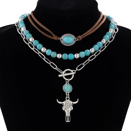 HUASAI Boho Necklaces for Women Dainty Layered Choker Necklace Bohemian Turquoise Necklace Statement Jewelry Western Cowgirl Country Concert Outfits Accessories - color: A-Boho