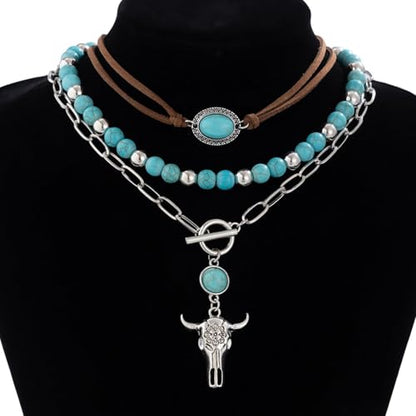 HUASAI Boho Necklaces for Women Dainty Layered Choker Necklace Bohemian Turquoise Necklace Statement Jewelry Western Cowgirl Country Concert Outfits Accessories - color: A-Boho