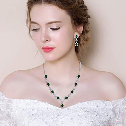 EleQueen Women's Silver-Tone Cubic Zirconia Teardrop Flower Bridal V-Necklace Sets Tennis Bracelet Dangle Earrings for Wedding Bridesmaids - color: Emerald Color