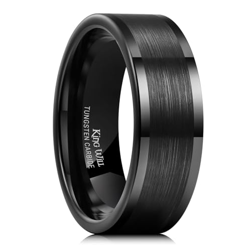 King Will Mens Brushed Wedding Band, Two Tone Matte Step Edges/Pipe Cut, Tungsten Carbide Anniversary Promise Rings Comfort Fit - color: Black Pipe Cut-8mm