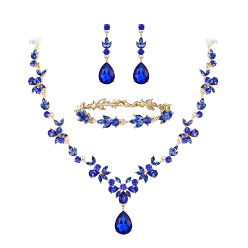 BriLove Wedding Jewelry Set for Women,Gorgeous Crystal Bridal Accessories | Y-Necklace Tennis Bracelet Dangle Earrings Set,Shiny Teardrop Marquise Cluster,Prom Party Jewelry,for Bride Bridesmaid - color: Blue Gold-Plated-Base