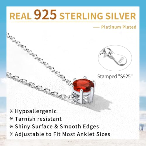 ChicSilver 925 Sterling Silver Anklets for Women, Simple Dainty Round/Heart Birthstone Ankle Bracelet Beach Foot Jewelry, 8.7-10.7 Inch Adjustable - color: 07. Round - July(Ruby)