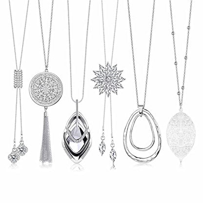 Jstyle 6Pcs Long Pendant Necklaces for Women, Statement Sweater Chain | Long Sweater Y Necklace Set, Fashion Statement Sweater Chain, Silver Flower Disk Circle Leaf Tassel Necklace, Daily Wear - style: Elegant Style