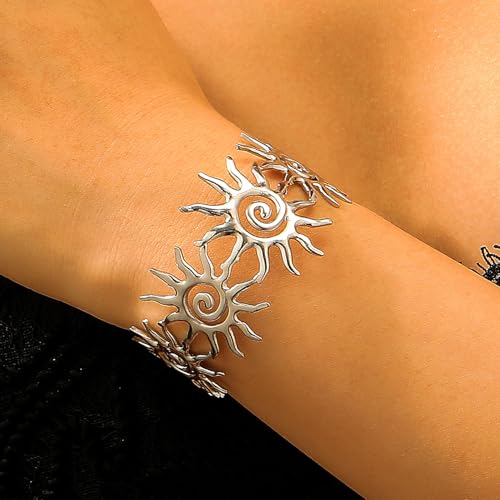 Chunky Gold Sun Cuff Bracelet for Women – Boho Spiral Sun Statement Jewelry, Stainless Steel Adjustable Wide Metal Bangle for Holiday Fashion - color: Silver