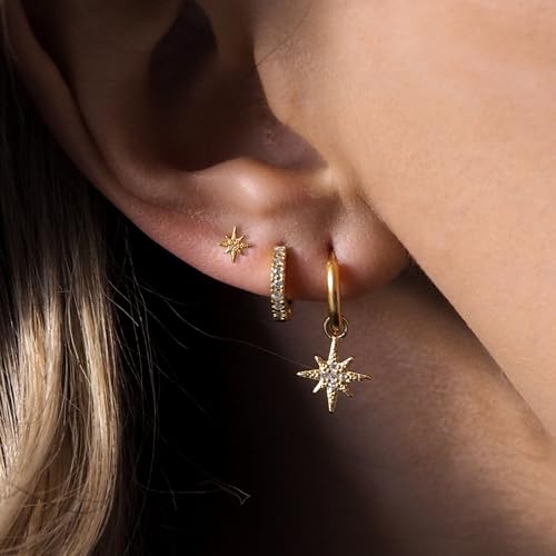 Gold Plated Earrings for Women, 14k Gold Plated Earring Stack Hypoallergenic Pearl Drop Earring Dainty Earrings for Women Trendy Cute Small Huggie Hoop Earring Fashion Womens Jewelry - color: star set