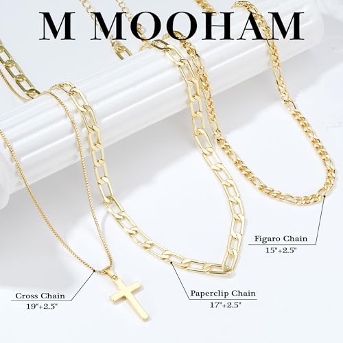 M MOOHAM Cross Necklace for Women Non Tarnish - 14K Gold Plated Dainty Clover Cross Layered Necklaces Stack Set Herringbone Figaro Paperclip Chain Necklace Trendy Religious Baptism Faith Jewelry Gifts - color: cross-figaro paperclip box chain