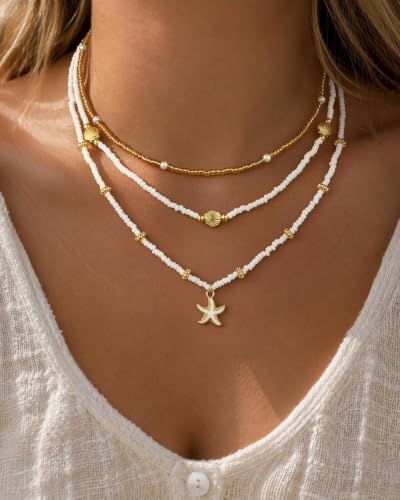 Hothty Layered Shell Starfish Necklaces for Women,Dainty Waterproof Boho Charm Pendant Necklace Seashell Pearl Beach Necklaces Set Jewelry Gifts - color: Starfish Necklace-295