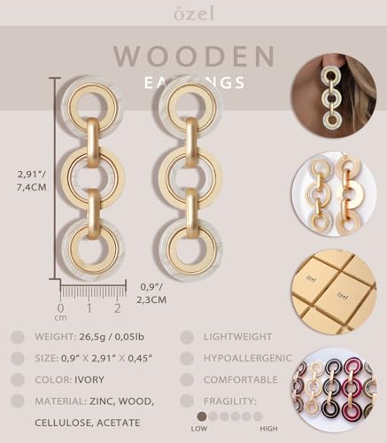 Ozel - Natural Wooden Acrylic Boho Drop Dangle Earrings for Women - Geometric Statement Jewellery - Brown, Black, Magent Red, Olive Green, White beige - color: 3Circle_White beige
