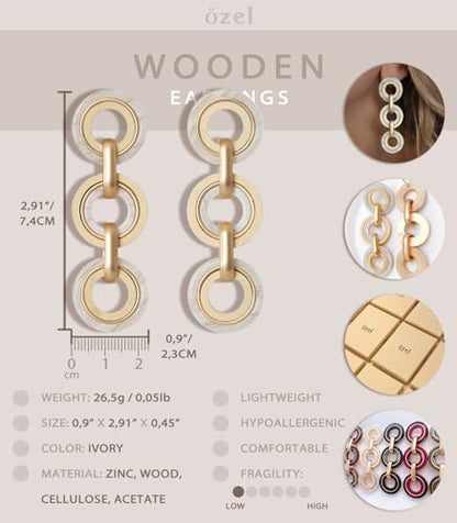 Ozel - Natural Wooden Acrylic Boho Drop Dangle Earrings for Women - Geometric Statement Jewellery - Brown, Black, Magent Red, Olive Green, White beige - color: 3Circle_White beige