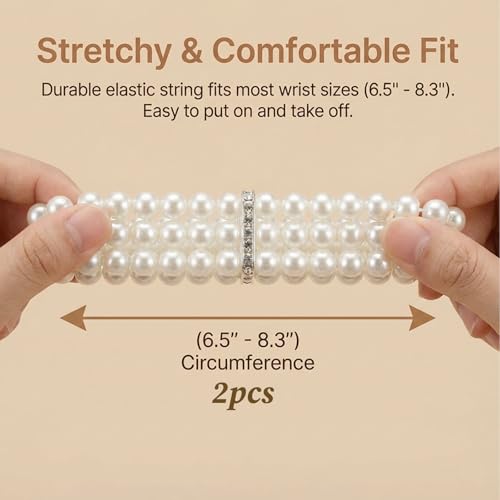 2Pcs Pearl Bracelets for Women, 1920s Vintage Pearl Stretch Bracelet 3-Rows Fake Pearls Bracelet for Women Bridal Wedding Jewelry(White)