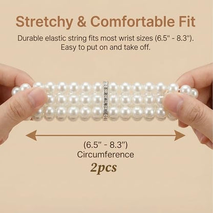 2Pcs Pearl Bracelets for Women, 1920s Vintage Pearl Stretch Bracelet 3-Rows Fake Pearls Bracelet for Women Bridal Wedding Jewelry(White)