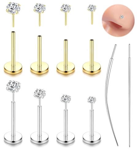 16G 18G 20G Hypoallergenic Threadless Flat Back Nose Studs Women | Medical Steel, CZ 1.5-3mm, Nostril Tragus Helix Piercing, A Secure Fit And Everyday Wear For Sensitive Skin - color: Gold+Silver-B