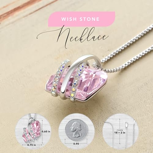 Leafael Wish Stone Pendant Necklace with Birthstone Crystal, 18K Rose Gold Plated/Silvertone, 18" + 2" - color: 210b-October-Light Rosaline Pink-Silvertone