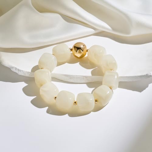 WOWORAMA Chunky Beaded Bracelets for Women Colorful Large Square Beads Bracelet Boho Acrylic Resin Stretch Bracelets Statement Chunky Bracelet Summer Jewelry - color: Square-Cream White